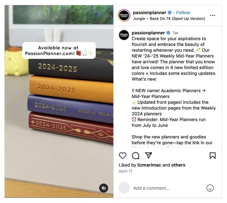 Post on Instagram by 'Passion Planner' featuring a video showing their collection of new products.
