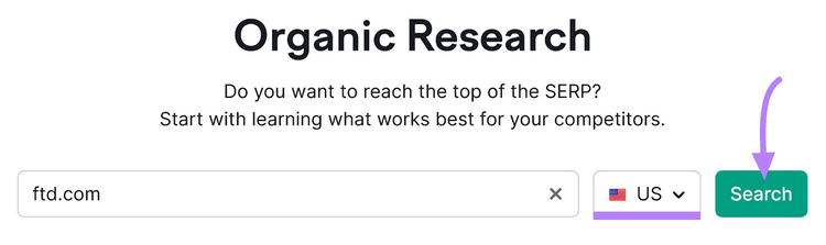 Organic Rankings search bar with "Search" button highlighted
