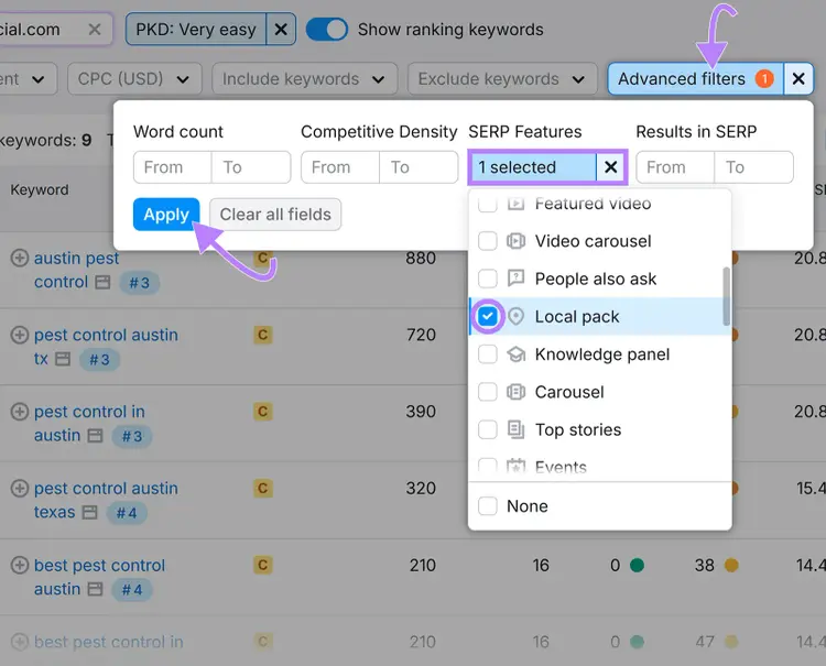 Keyword tool interface with advanced filters showing Local Pack SERP feature selected and apply button highlighted