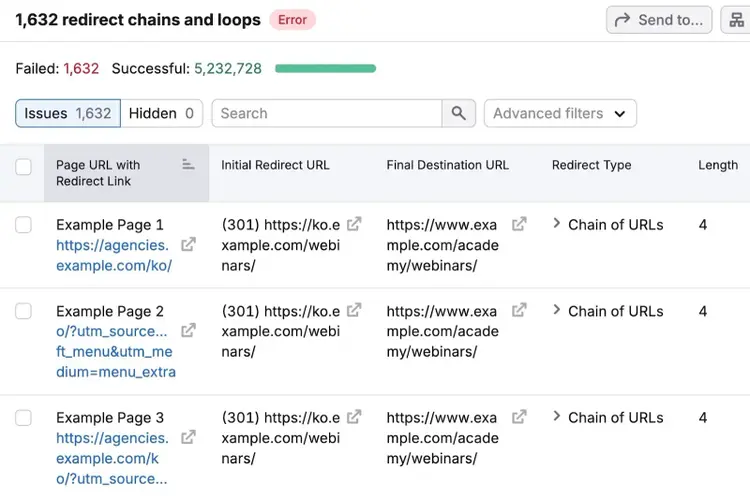 A list of pages with redirect chains and loops errors along with the initial redirect URL, final destination URL, redirect type, and length.