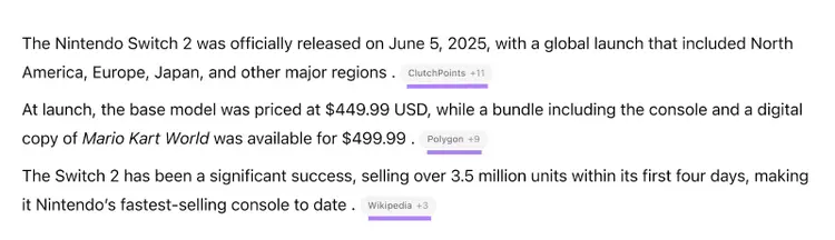 AI citations are referenced for an informational query. Many citations are listed with each statement in the response.
