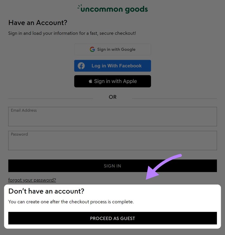 "Proceed as guest" option shown under Uncommon Goods' checkout