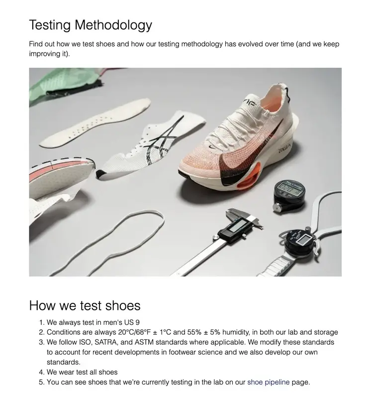 The Testing Methodology page by RunRepeat.