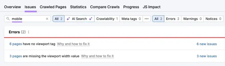 Site Audit Issues with "mobile" entered showing a list of mobile-specific issues like viewport meta tag errors.