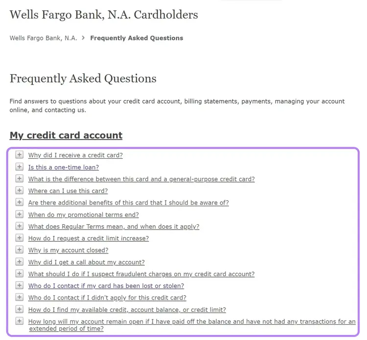 Wells Fargo’s FAQ page
