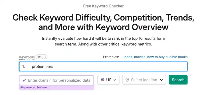 Keyword Checker search form with protein bars example and location/domain options