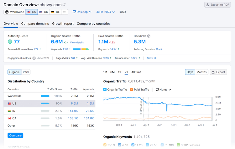Domain Overview report showing competitor domain metrics