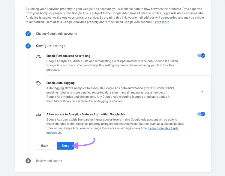 "Configure settings" window
