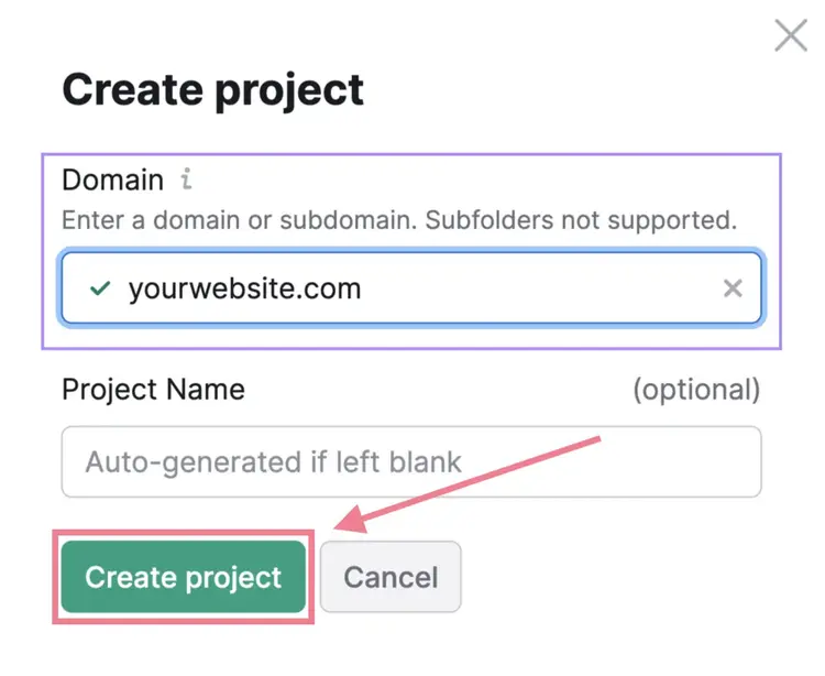 "yourwebsite.com" entered as an example domain in the "Create project" window in Site Audit