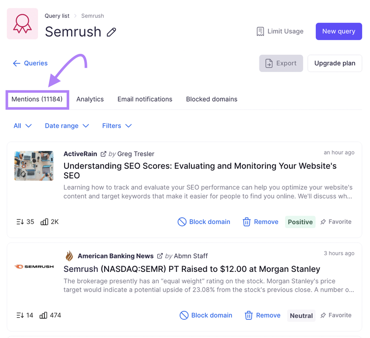 a report in Brand Monitoring app lists webpages that mention your brand name