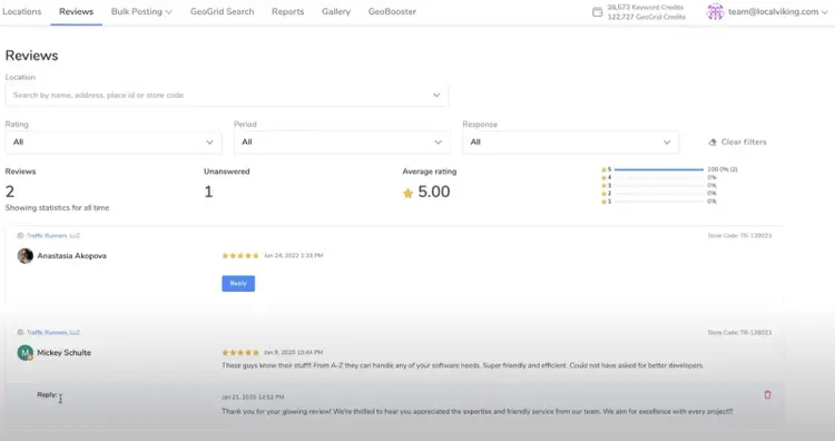 "Reviews" dashboard on Local Viking with options to filter by location, rating, period, and response.