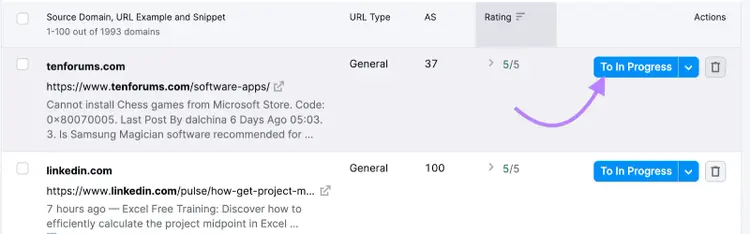 “To In Progress” button selected next to "tenforums.com" domain