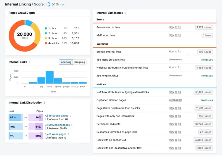 The Internal Linking report showing data like pages crawl depth, internal link distribution, and internal link issues.