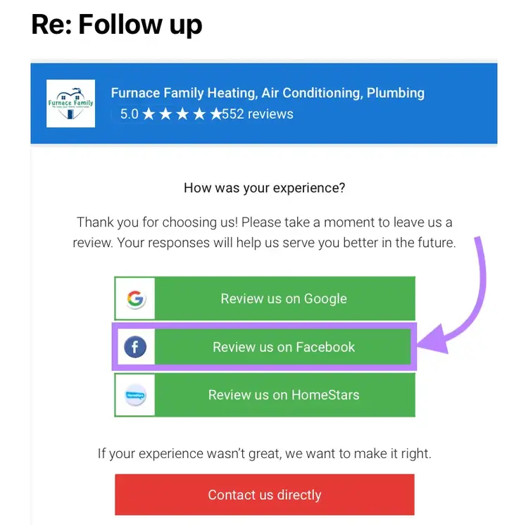 follow up email asks to "review us on facebook"