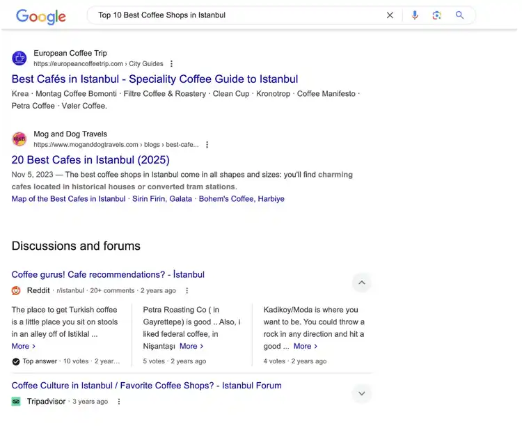 Local organic search results for “Top 10 Best Coffee Shops in Istanbul.”
