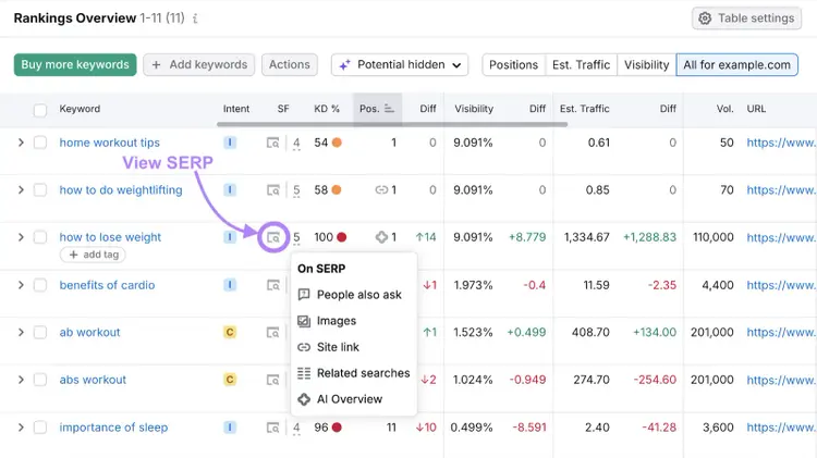 view serp icon labeled in the table
