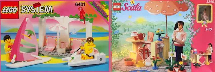 LEGO packaging comparing classic System set with Scala girl-focused set