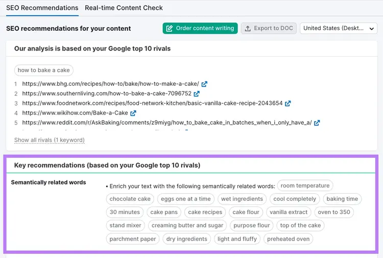 "SEO Recommendations" tab in SEO Content Template