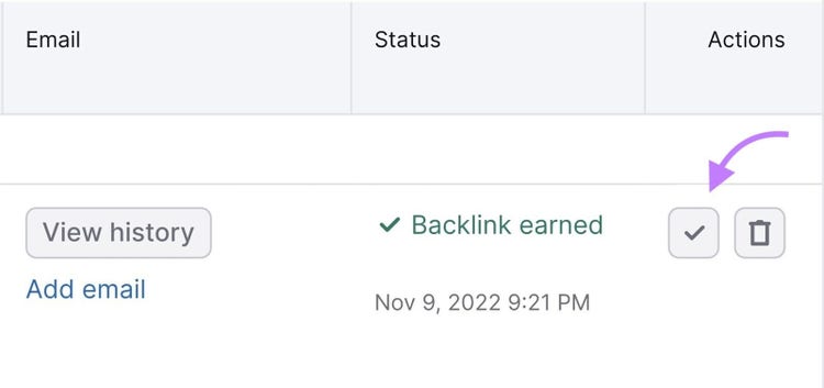 A check mark in “Actions” with "Backlink earned" text