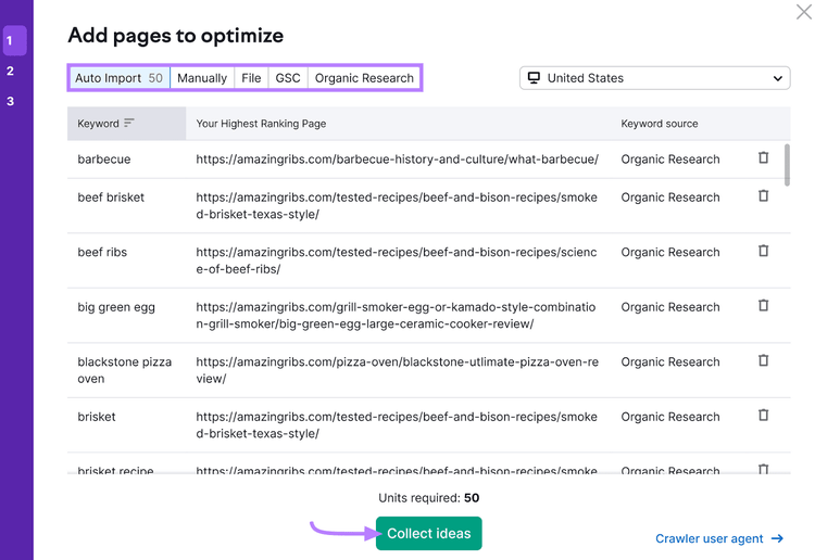 Tool interface with options for importing pages to optimize, list of keywords paired with them, and "Collect ideas" button.