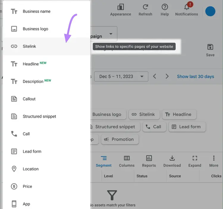Adding a a sitelink asset