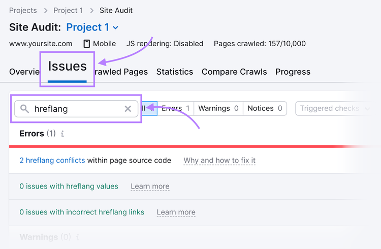 Search hreflang in Site Audit