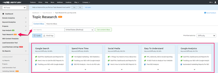 semrush topic research tool relevant content production