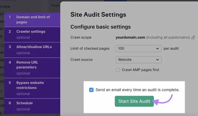 Semrush Site Audit Settings with crawler scope and page limit configuration options