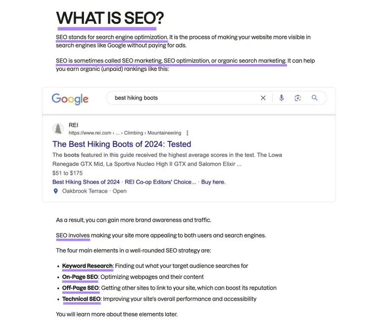 A blog post by Semrush with the target keyword and related terms used within the first 100 words.