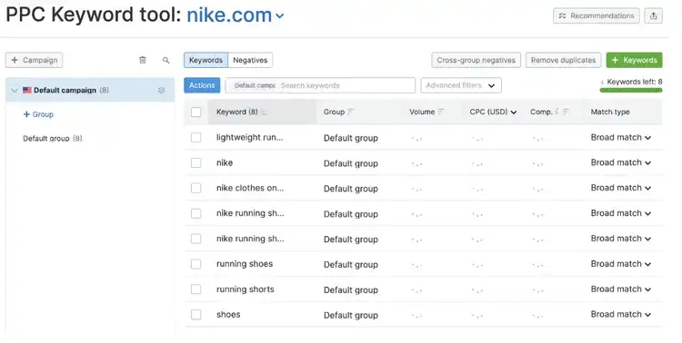 PPC Keyword tool showing Nike keywords list with match types
