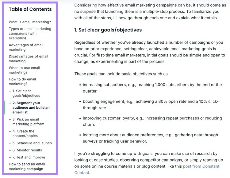 A sticky table of contents on the left-hand side of a pillar page by Mailtrap.