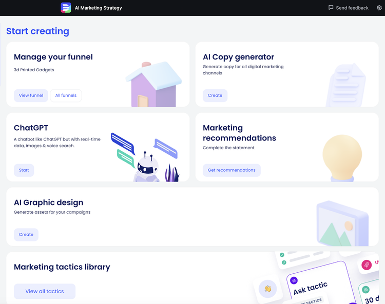 semrush's ai marketing strategy app has options to manage funnel, generate copy, provide marketing recommendations, and graphic design