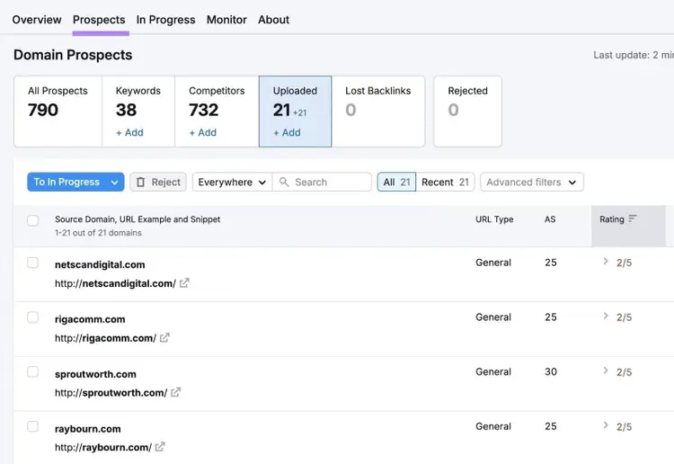 The "Prospects" tab on the Link Building tool showing a list of prospects along with their URL type, authority score, and rating.
