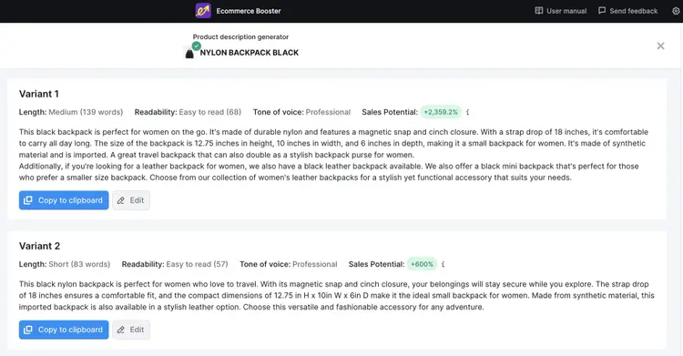 Ecommerce Booster app-generated meta description variations for "nylon backpack black"