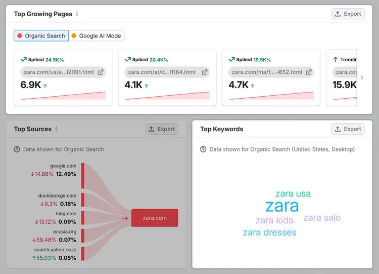 Top Growing Pages cards and Top Sources panel showing Zara organic search spikes and keyword cloud.