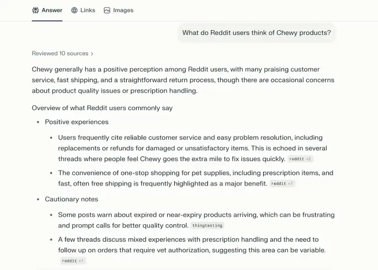 Perplexity interface with the prompt "What do Reddit users think of Chewy products?" along with the response generated below.