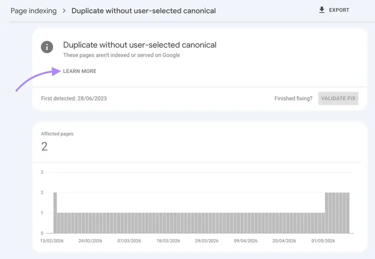 Pages with "duplicate without user-selected canonical" indexing issues on GSC along with the "Learn more" button highlighted.
