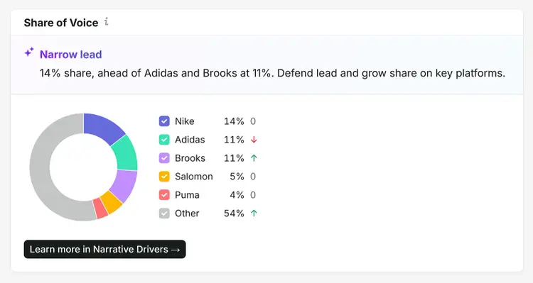 Share of Voice chart showing Nike at 14%, ahead of Adidas and Brooks at 11%