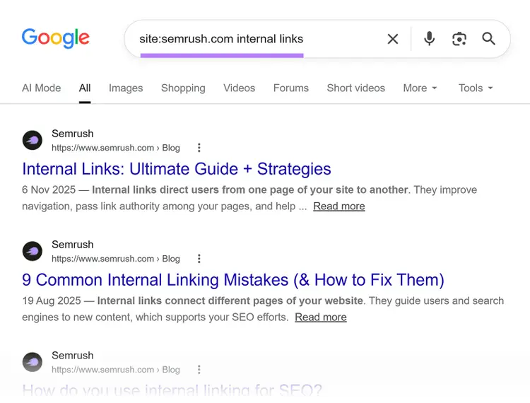Google site search for Semrush pages containing the term “internal links”