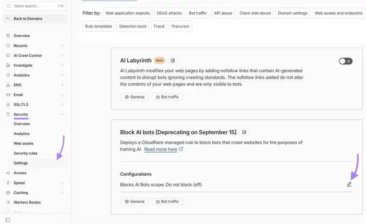 Security settings on Cloudfare with the edit button clicked in the Block AI bots section.
