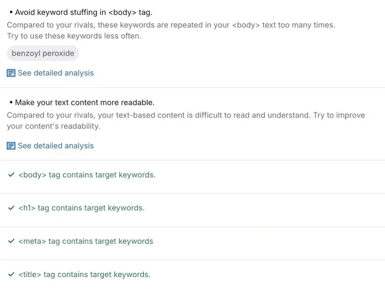 Content optimization ideas like to avoid keyword stuffing and to make text content more readable on the On Page SEO Checker.