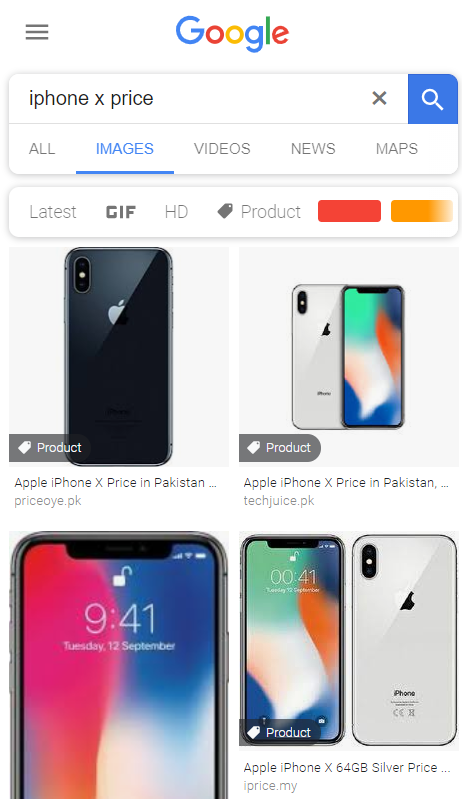 Google Images search for iPhone X showing product schema markup