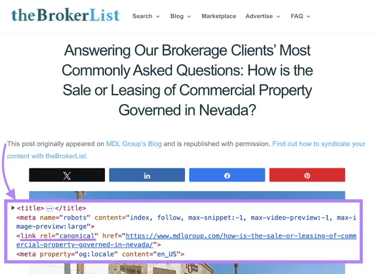 The content syndication disclaimer at the top of the article provides a backlink in the form of a canonical link to the original post as shown in the code.