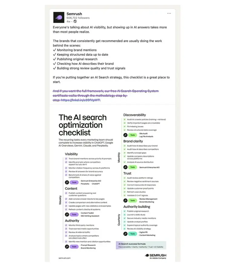 A post on LinkedIn by Semrush with the CTA text and link at the bottom struck out.