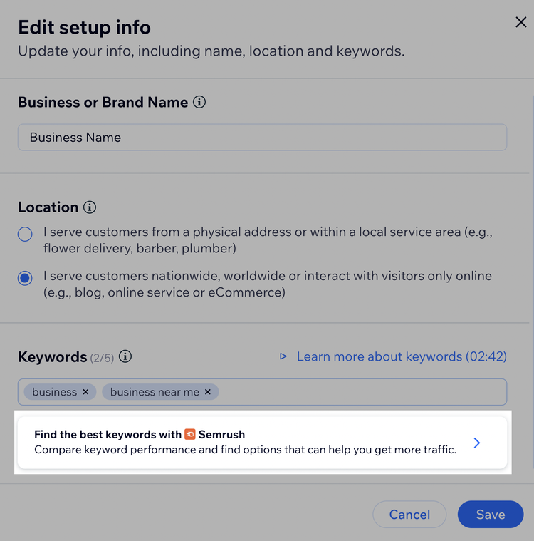 "Find the best keywords with Semrush" option in Wix