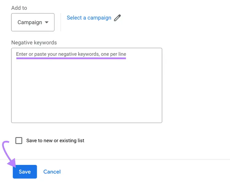 Text box for entering negative keywords and an arrow pointing to the Save button at the bottom.