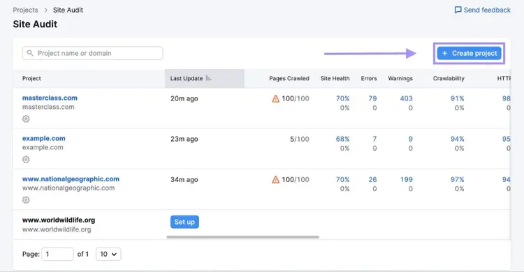 "+ Create project" button highlighted in the Site Audit tool