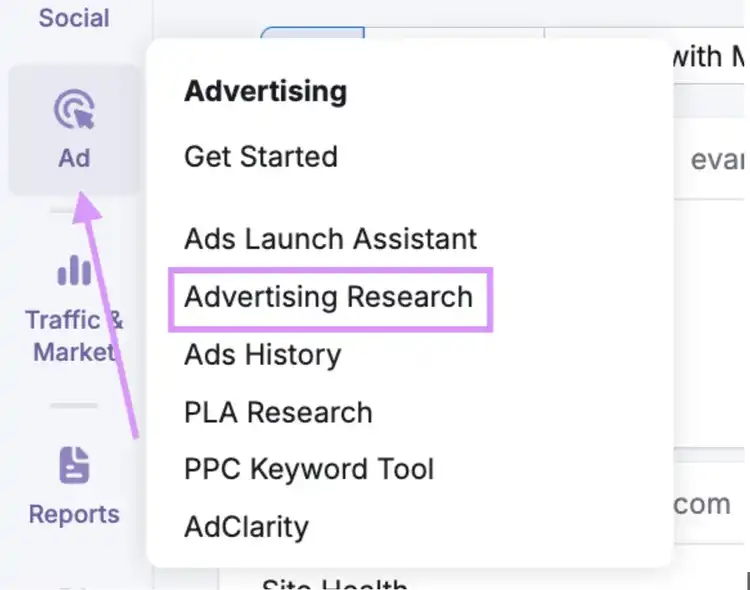 Semrush Advertising menu showing Advertising Research tool selected