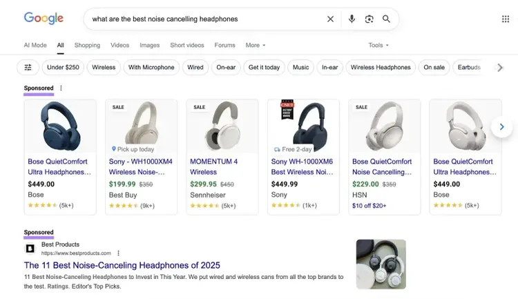 Google SERP for the term "what are the best noise cancelling headphones" surfacing product listing ads followed by a paid search ad at the top.