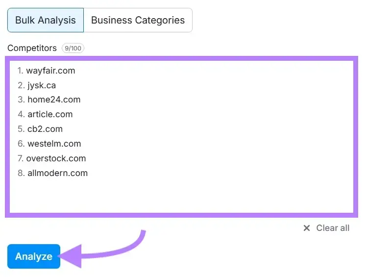 Industry & Bulk Analysis on the Traffic & Market toolkit with multiple competitor domains entered and "Analyze" clicked.